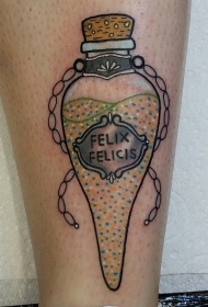 old school小腿美丽的心形瓶字母纹身图案