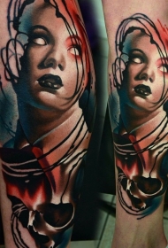 腿部彩色恐怖风格女人与恶魔纹身
