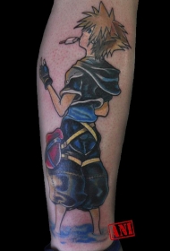 小腿亚洲风格彩绘卡通男孩纹身图案