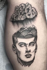 小腿雕刻风格黑色人头与云朵纹身图案