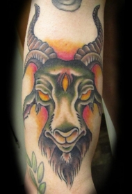 手臂老学校风格彩色山羊头恶魔纹身