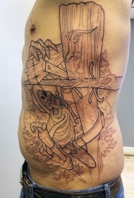 腰侧简单的线条骷髅架纹身图案