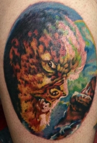 腿部彩色狼人半人半腿纹身图案