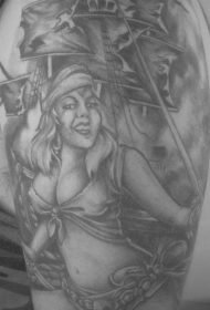 肩部灰色海盗船和女孩纹身图案