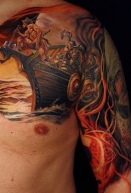 半甲美丽多彩的海盗船纹身图案
