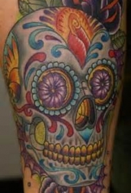 手臂彩色sugar 骷髅玫瑰纹身图片