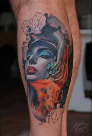 小腿new school彩色女人肖像纹身图案