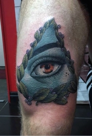 大腿写实彩色神秘的眼睛和叶子纹身图案