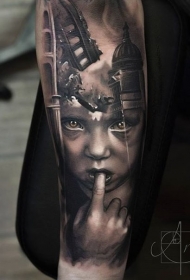 小臂写实黑色著名建筑物和伤心女孩纹身图案