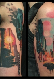 肩部如画的彩色大城市景观纹身图案