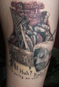 腿部老学校的风格彩色寂静岭主题纹身