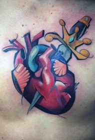 胸部new school彩色匕首与心脏纹身图案