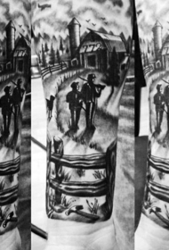 手臂黑白西方牧场风景纹身图案