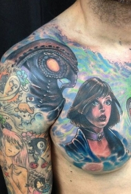 胸部有趣的多彩幻想女子肖像纹身图案