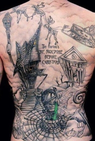 old school背部有趣的各种建筑与字母纹身图案