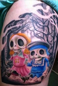 大腿有趣的彩色卡通骷髅人纹身图案