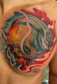 胸部彩色耳机与骷髅纹身图案