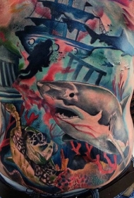 胸部和腹部彩绘海底鲨鱼和海龟纹身图案