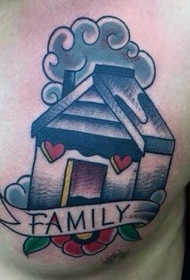 old school胸部房子花朵和字母纹身图案