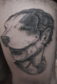 大腿old school黑色狗面具的女人纹身图案