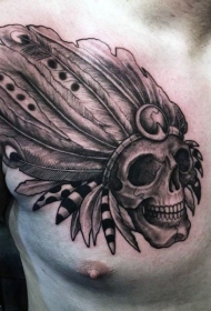 胸部雕刻风格黑色古老印度骷髅纹身图案