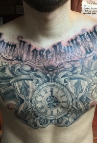 胸部花体字母和时钟沙漏纹身图案