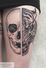 大腿雕刻风格黑色骷髅与老虎头纹身图案
