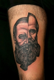 大腿黑色被切开的肖像纹身图案