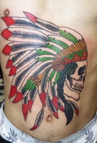 腹部插画风格彩色印度头骨纹身