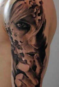 手臂神秘的黑灰风格拼图女性肖像纹身图案