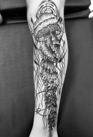 小腿巨大的黑色线条水母纹身图案