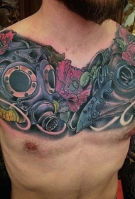 胸部彩色有趣的防毒面具纹身图案