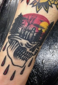 old school彩色骷髅结合墓地手臂纹身图案