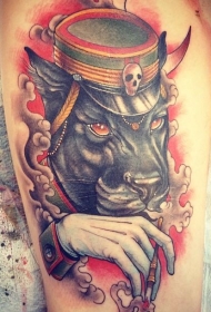 new school彩色神秘的黑豹与帽子纹身图案
