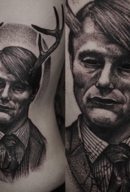 雕刻风格黑色神秘男子与鹿角纹身图案