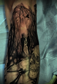 小腿令人毛骨悚然的黑暗森林与骷髅纹身图案