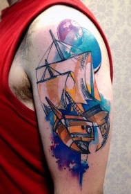 大臂彩色卡通帆船纹身图案