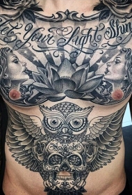 胸部和腹部灰色莲花女人和猫头鹰骷髅纹身图案