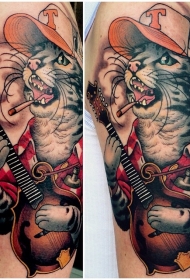 个性的弹吉他的猫彩色纹身图案