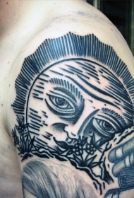 手臂黑色线条微笑的大太阳纹身图案