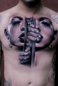 胸部new school女人脸与人纹身图案