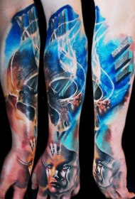 奇幻彩色骷髅与女生肖像纹身图案