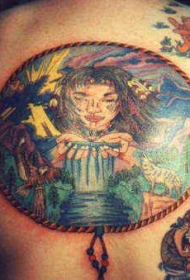 亚洲风格彩色人像纹身图案