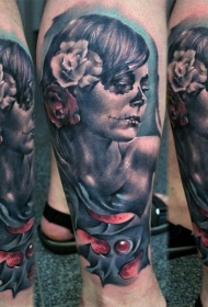 腿部新学校风格的彩色妇女纹身图案