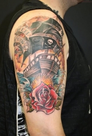 老学校航海主题海盗船纹身图案