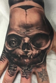 手背黑灰风格怪物头骨与眼睛纹身图案