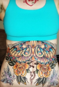 腹部old school彩色蝴蝶与黄色花朵纹身图案