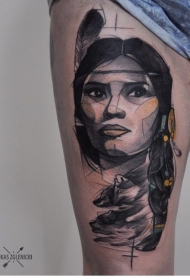 腿部素描风格的彩色印度女人纹身