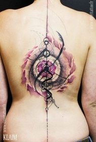 背部点刺彩色的行星线条纹身图案