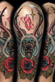 new school彩色鹿角和花卉纹身图案